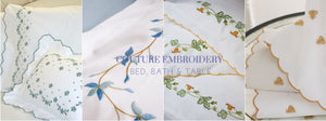 Custom cut and sewn to order embroidered bed linens. 