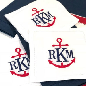 Anchors Away embroidered monogrammed linen cocktail napkins, dinner napkins and guest towels.