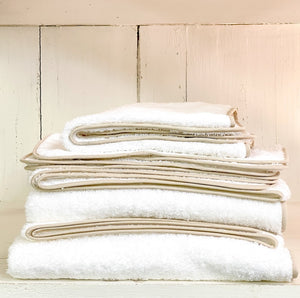 Cairo White bath Towels with Linen Piped Binding