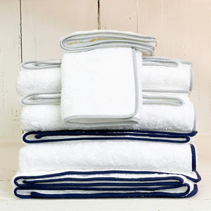 Cairo White Towels with Navy or Silver Piped Binding