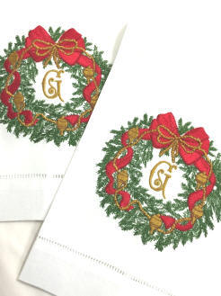 Christmas embroidered monogrammed linen guest towels