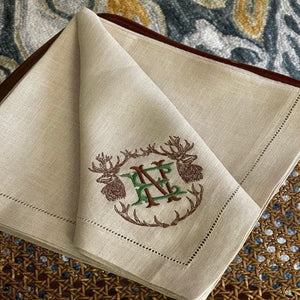 Deer monogrammed linen napkin  in natural with vintage style embroidered monogram. 