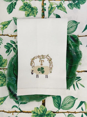 Sheepy shamrock pique linen guest towel with optional embroidered monogram.