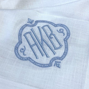 Chinoiserie Monogram on linen table cloth
