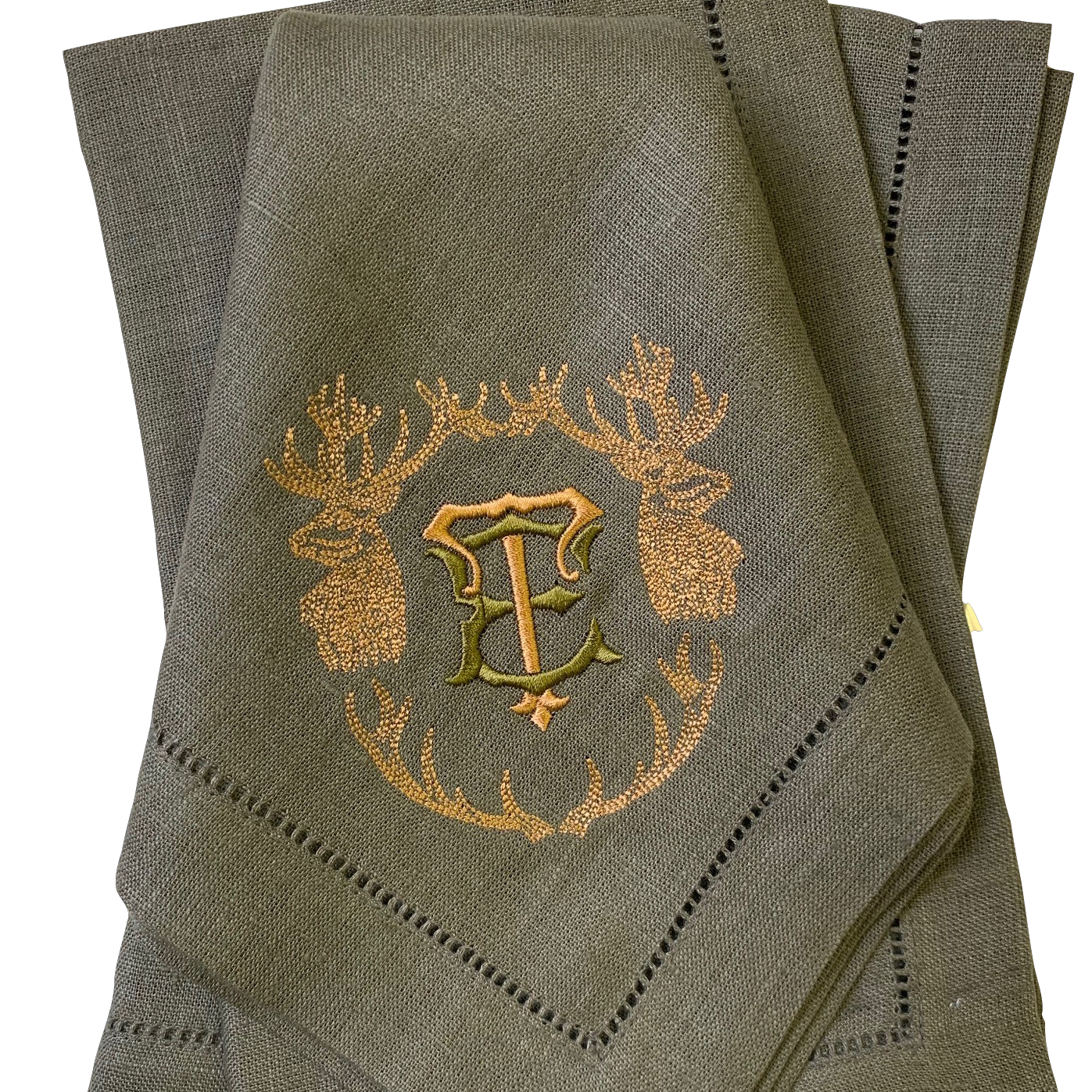 Deer & Antler monogrammed linen napkins with vintage style monogram. Shown on Iron Linens.