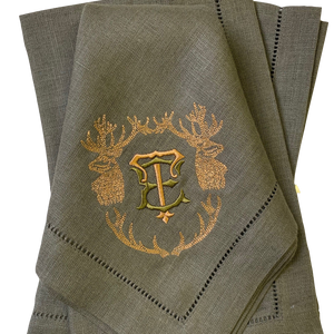 Deer & Antler monogrammed linen napkins with vintage style monogram. Shown on Iron Linens.