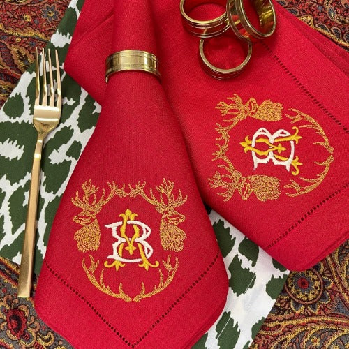 Deer Vintage Monogrammed Linen Napkins
