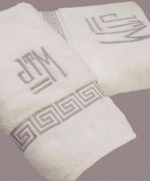 Greek Key Luxury Embroidered Bath Towel Sets with Swiss Monogram