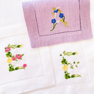 Floral Embroidered Monogram Hemstitched Table Linen-Napkins