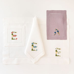 Floral Embroidered Monogram Hemstitched Table Linen-Napkins