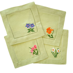 Floral Embroidered Linen Cocktail Napkins