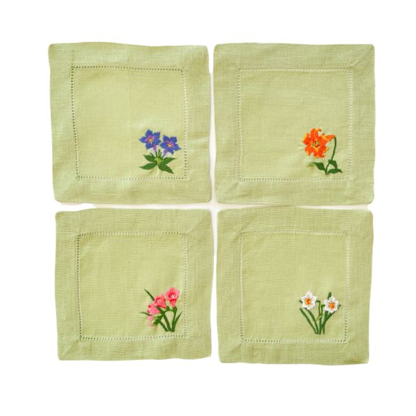 Floral Embroidered Linen Cocktail Napkins - Bella Lino Linens