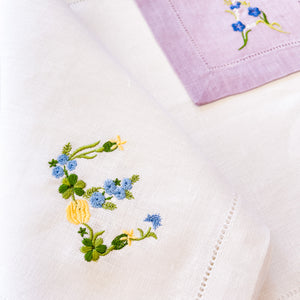 Floral Embroidered Monogram Hemstitched Table Linen-Napkins