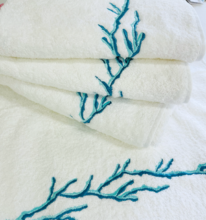 Sale- Pair of Turquoise Hand Towels-Coral Reef Design