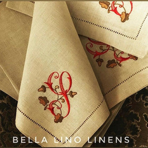Acorn Monogrammed linen napkin in 'Butter'  with custom embroidered monogram. 
