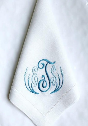 White Linen Napkin with Amelia Monogram-Cocktail Napkins-Placemats-Table Linens