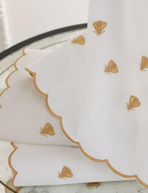 Embroidered bees design on sheets, cases, coverlets, duvet covers and shams on luxury Egyptian cotton.