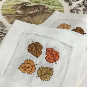 Fall Leaves Embroidered Linen Cocktail Napkins- Set of 4