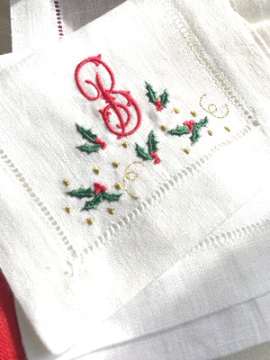 Holly Monogrammed Linen Christmas Cocktail Napkins