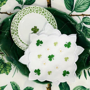 Shamrock and petite floral embroidered linen cocktail napkins with scallop edge detail. 