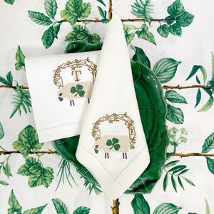 Sheep pique linen guest towel and hemstitched linen napkin with optional embroidered monogram.