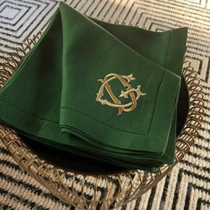 Monogrammed linen napkin in 'Kelly' with custom vintage style embroidered monogram.