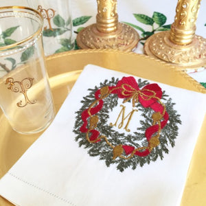 Monogrammed pique linen christmas wreath linen towel